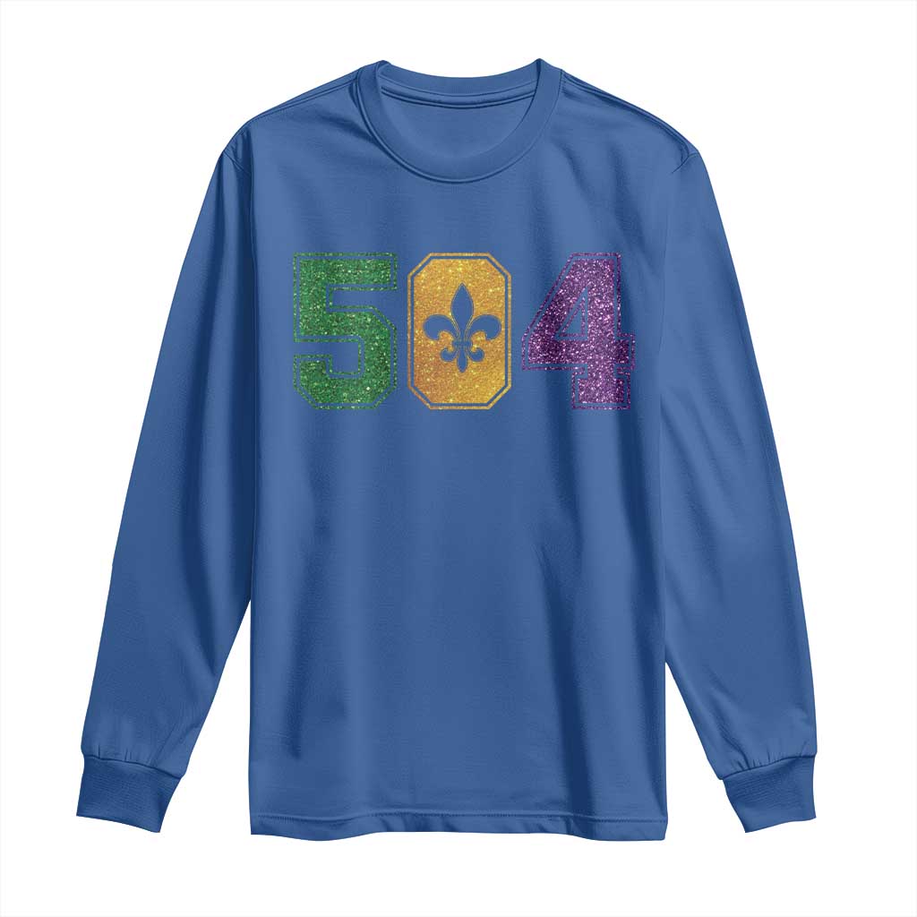 Mardi Gras 504 Nola New Orleans Louisiana Long Sleeve Shirt Glitter Print Fleur de Lis