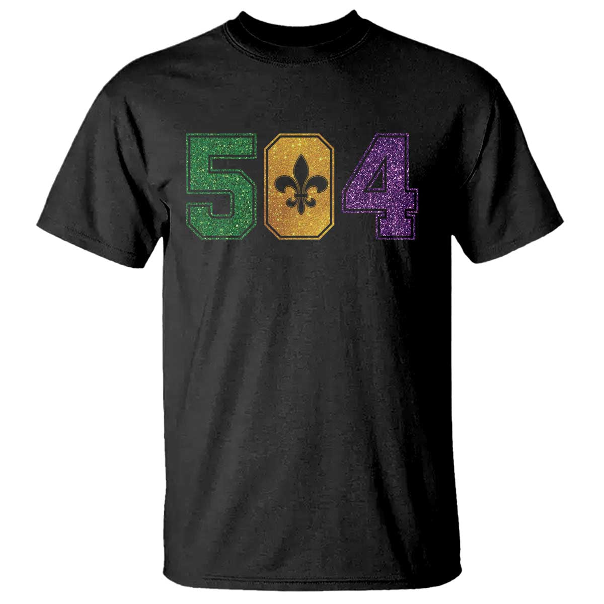 Mardi Gras 504 Nola New Orleans Louisiana T Shirt Glitter Print Fleur de Lis