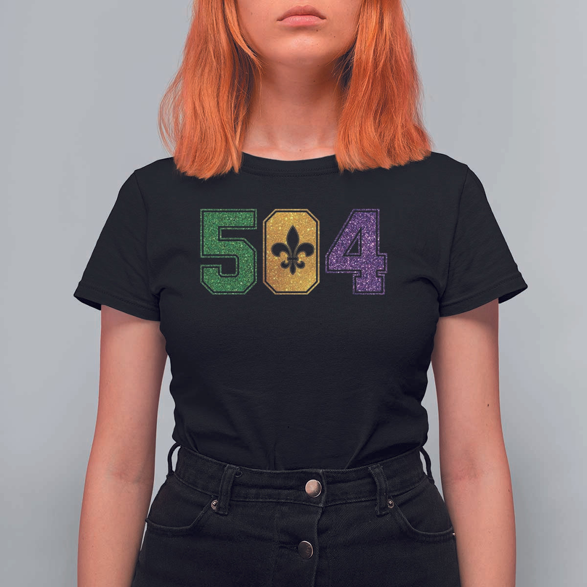 Mardi Gras 504 Nola New Orleans Louisiana T Shirt For Women Glitter Print Fleur de Lis