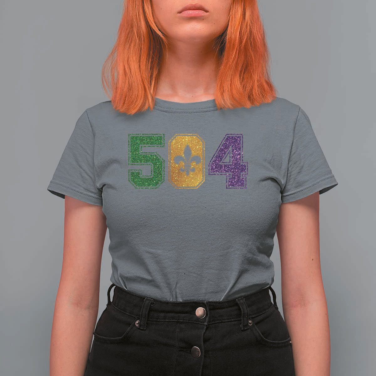 Mardi Gras 504 Nola New Orleans Louisiana T Shirt For Women Glitter Print Fleur de Lis