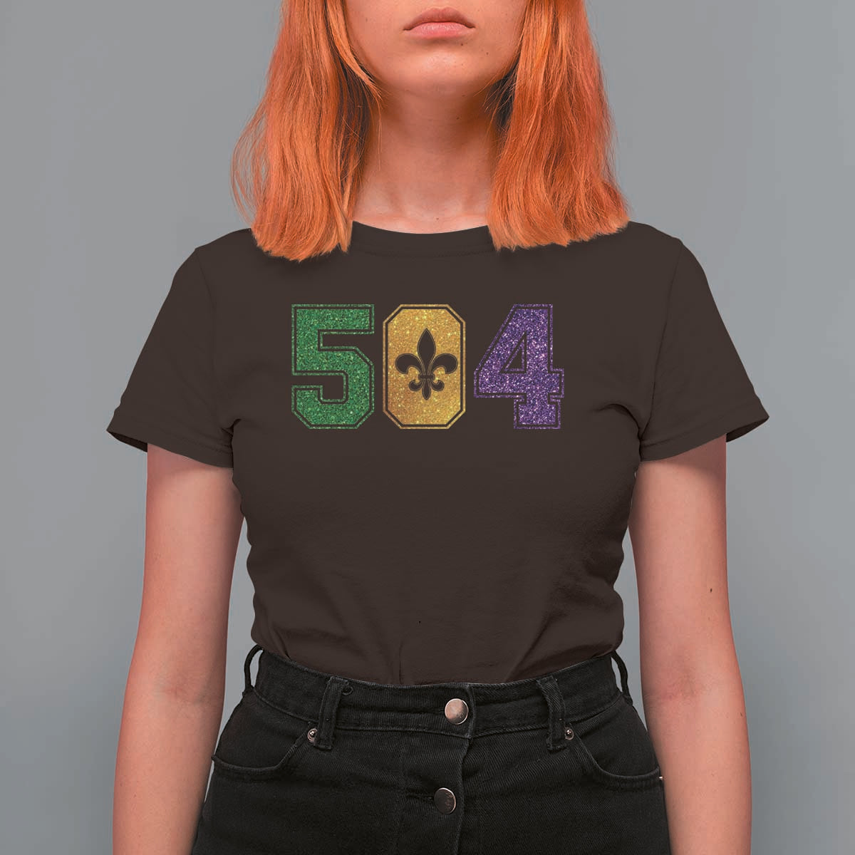 Mardi Gras 504 Nola New Orleans Louisiana T Shirt For Women Glitter Print Fleur de Lis