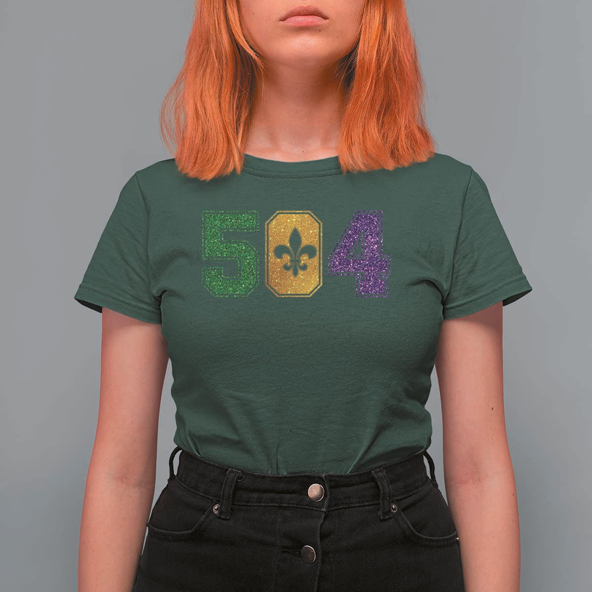 Mardi Gras 504 Nola New Orleans Louisiana T Shirt For Women Glitter Print Fleur de Lis
