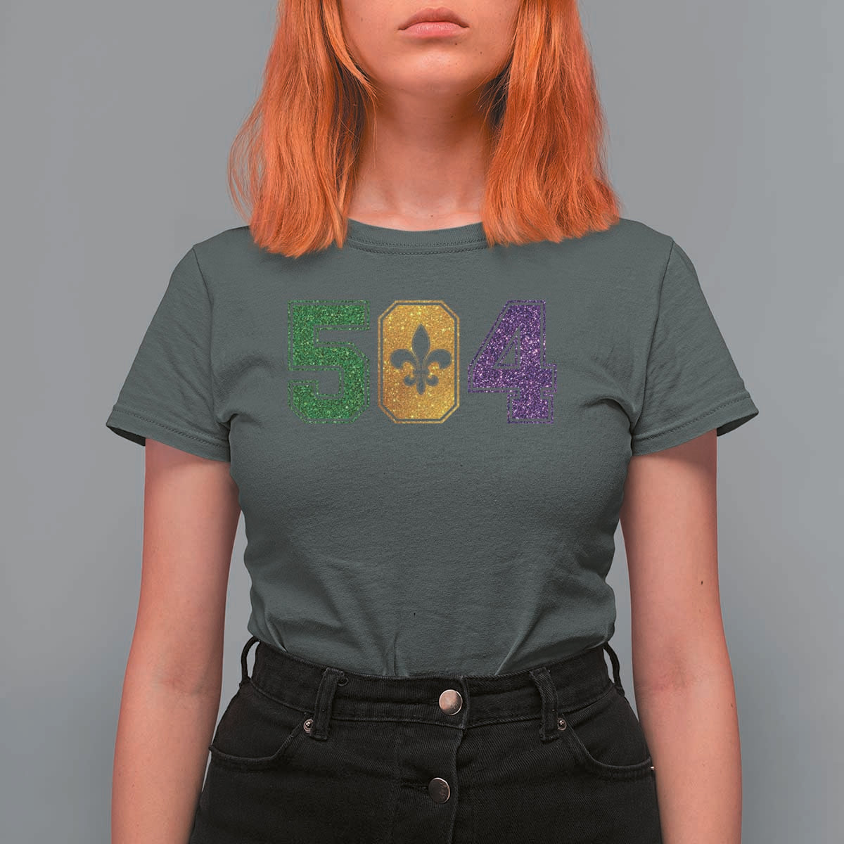 Mardi Gras 504 Nola New Orleans Louisiana T Shirt For Women Glitter Print Fleur de Lis