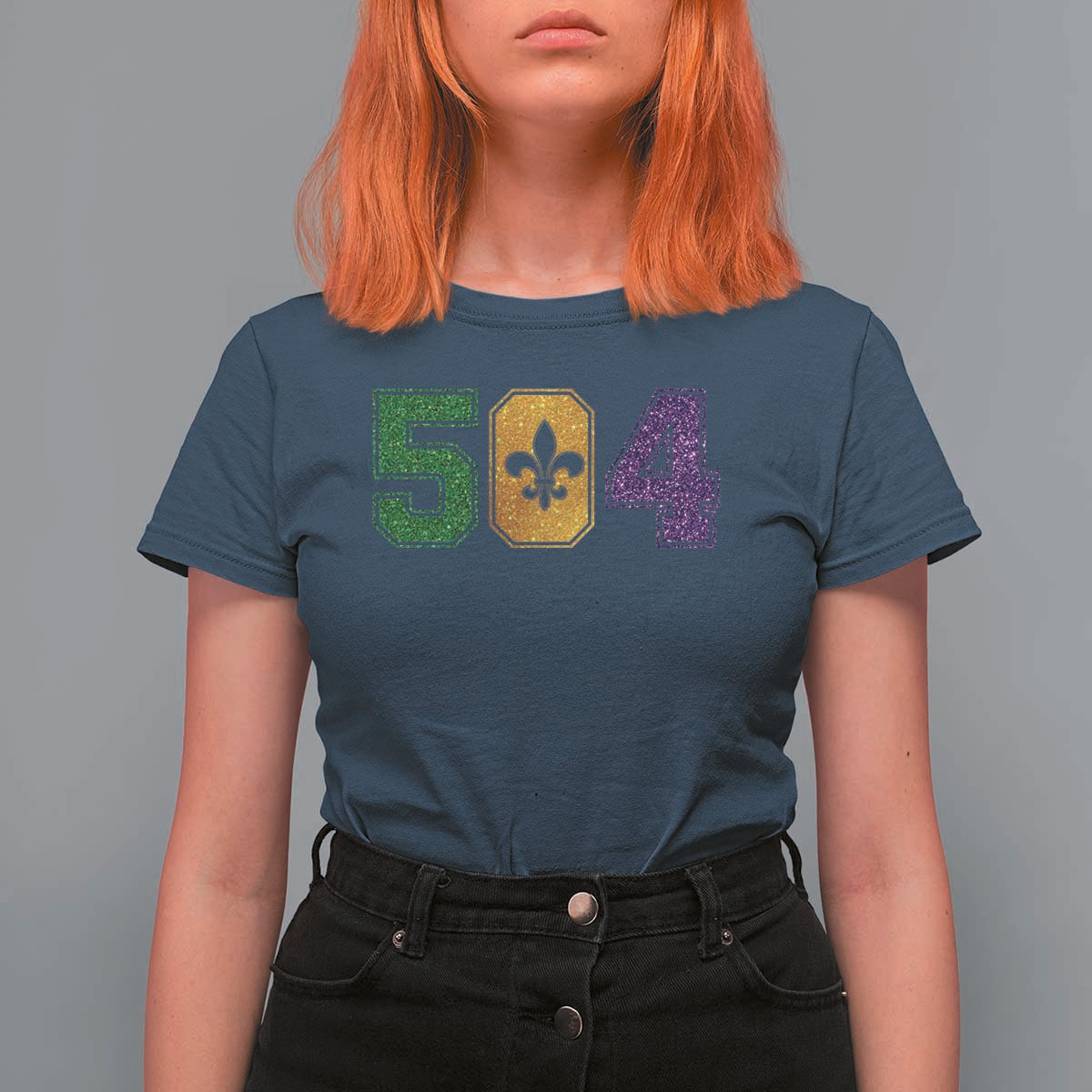 Mardi Gras 504 Nola New Orleans Louisiana T Shirt For Women Glitter Print Fleur de Lis