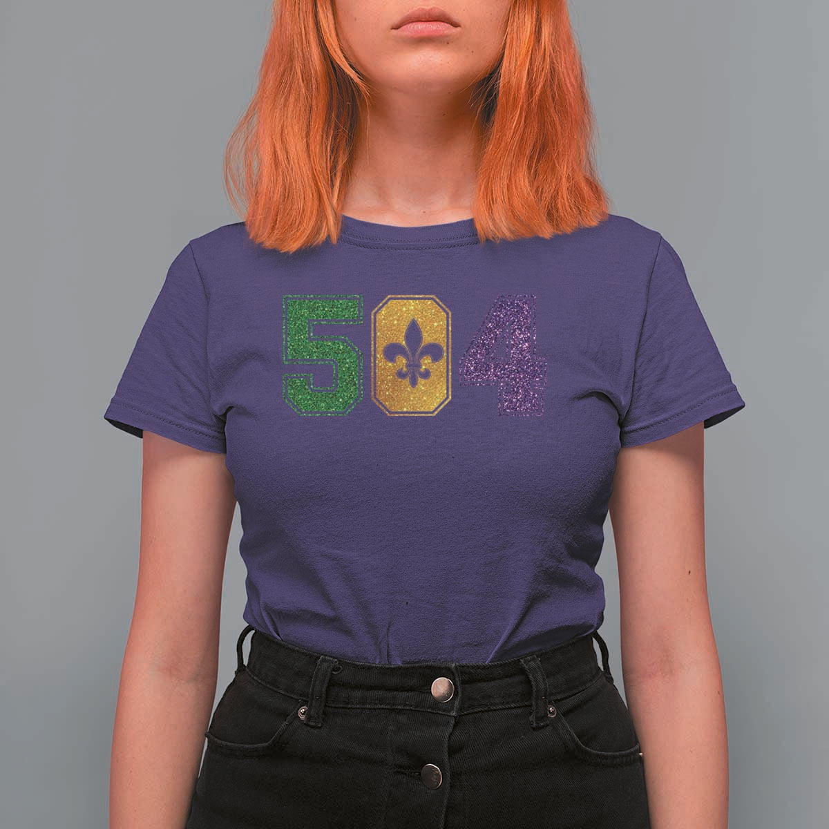 Mardi Gras 504 Nola New Orleans Louisiana T Shirt For Women Glitter Print Fleur de Lis