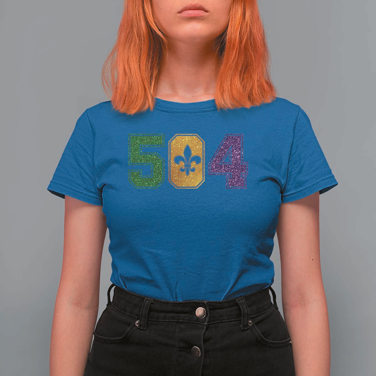 Mardi Gras 504 Nola New Orleans Louisiana T Shirt For Women Glitter Print Fleur de Lis