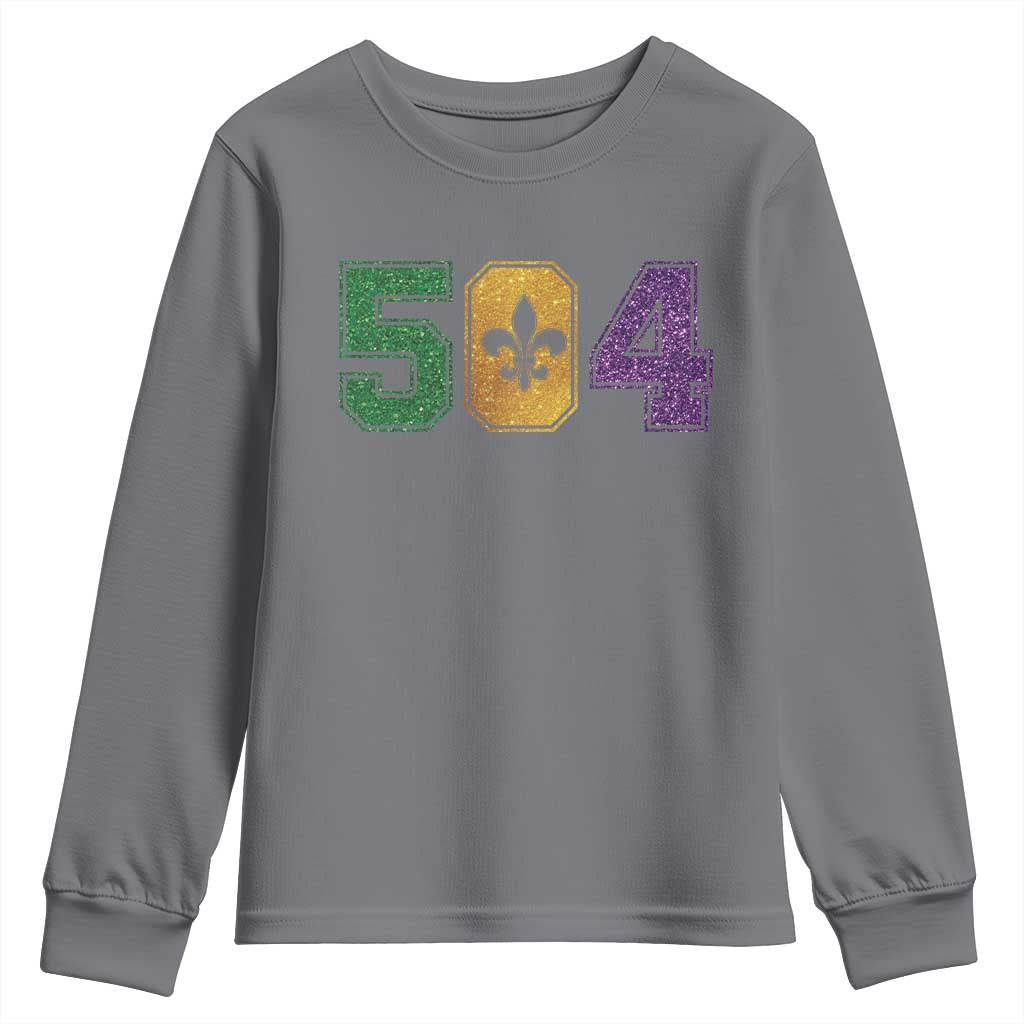 Mardi Gras 504 Nola New Orleans Louisiana Youth Sweatshirt Glitter Print Fleur de Lis