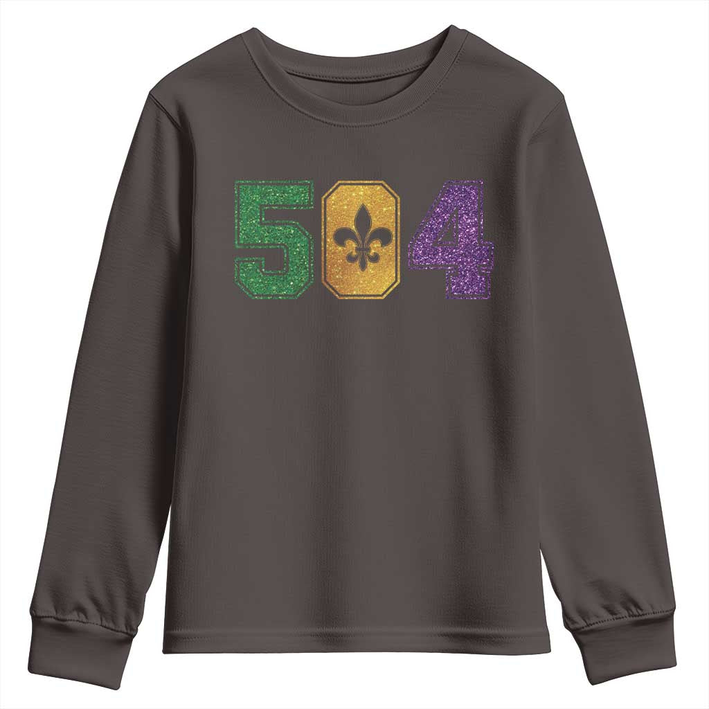 Mardi Gras 504 Nola New Orleans Louisiana Youth Sweatshirt Glitter Print Fleur de Lis