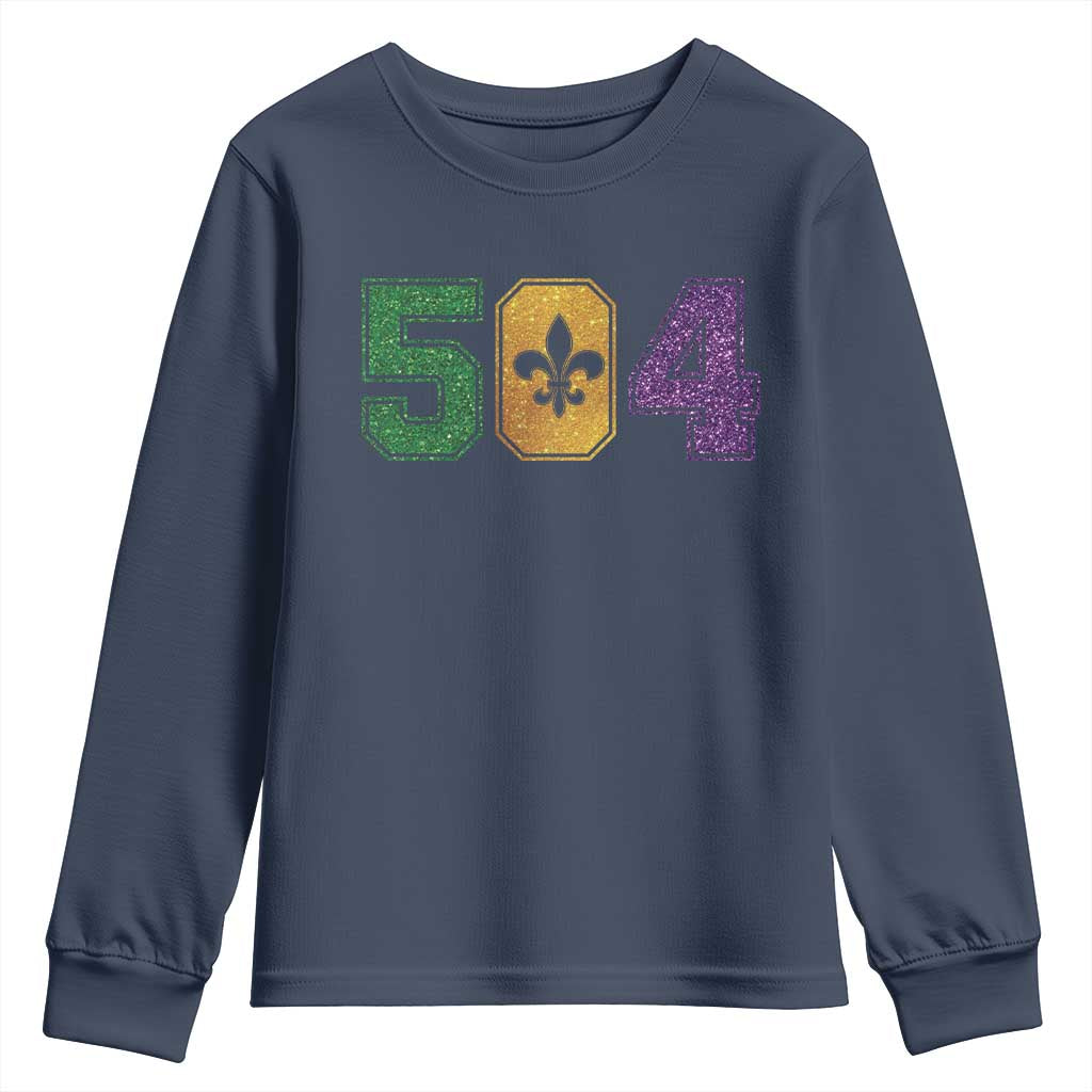 Mardi Gras 504 Nola New Orleans Louisiana Youth Sweatshirt Glitter Print Fleur de Lis