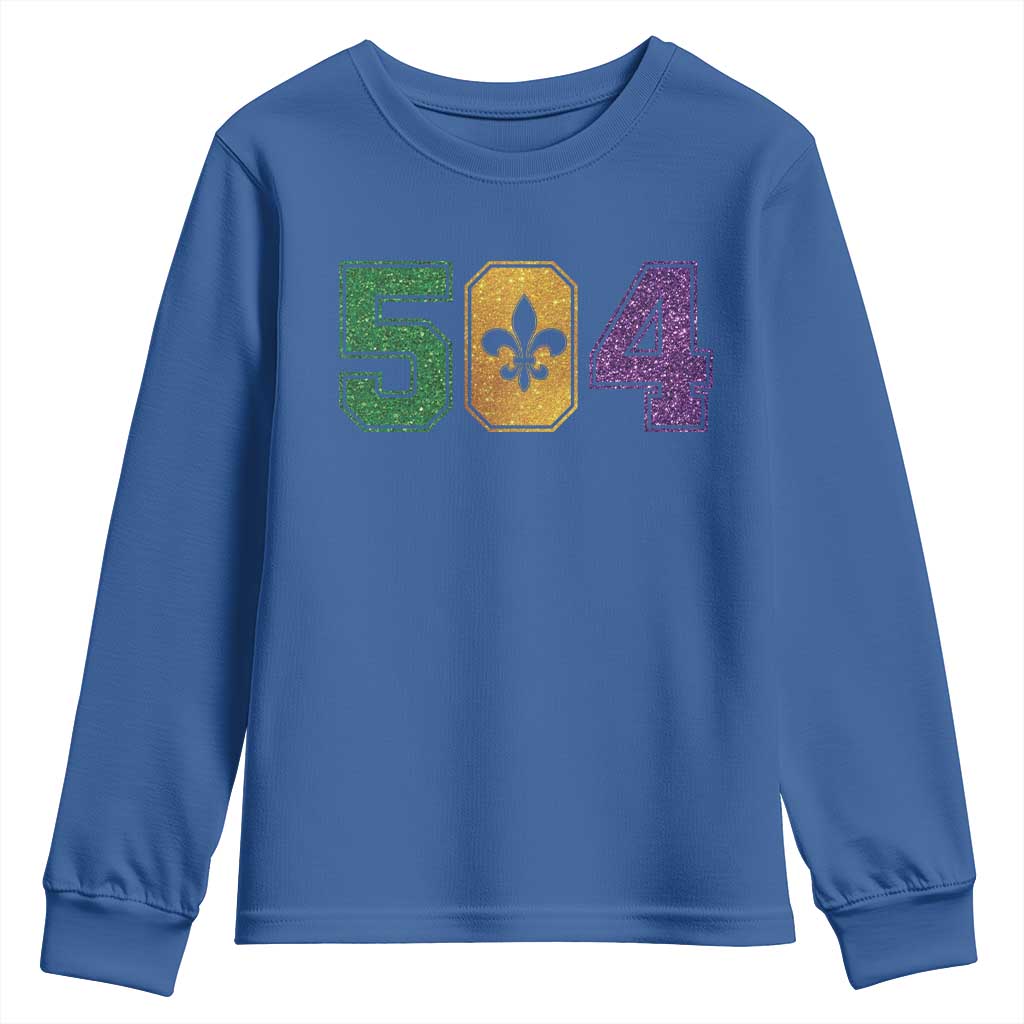 Mardi Gras 504 Nola New Orleans Louisiana Youth Sweatshirt Glitter Print Fleur de Lis