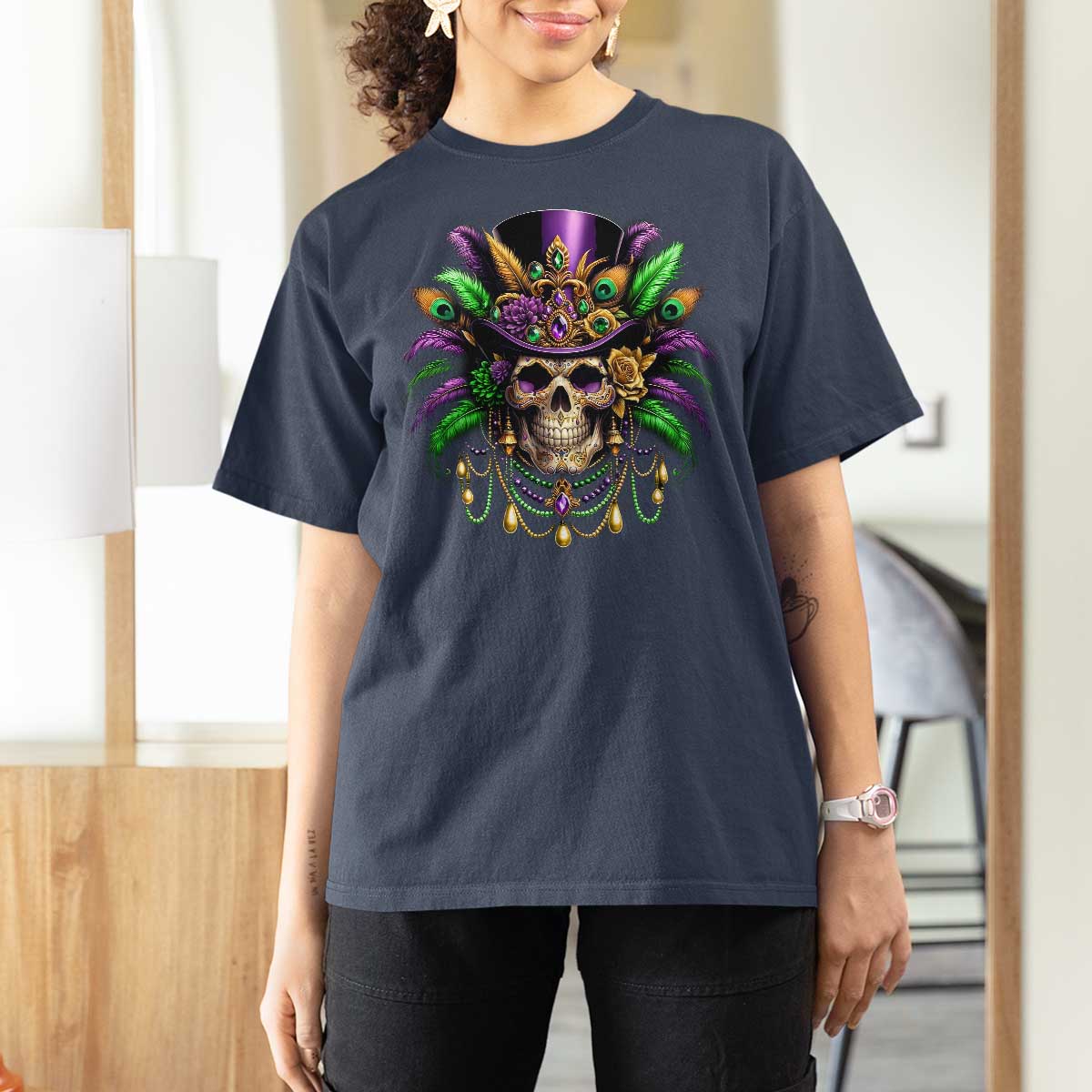 Mardi Gras Sugar Skull T Shirt For Women Fat Tuesday