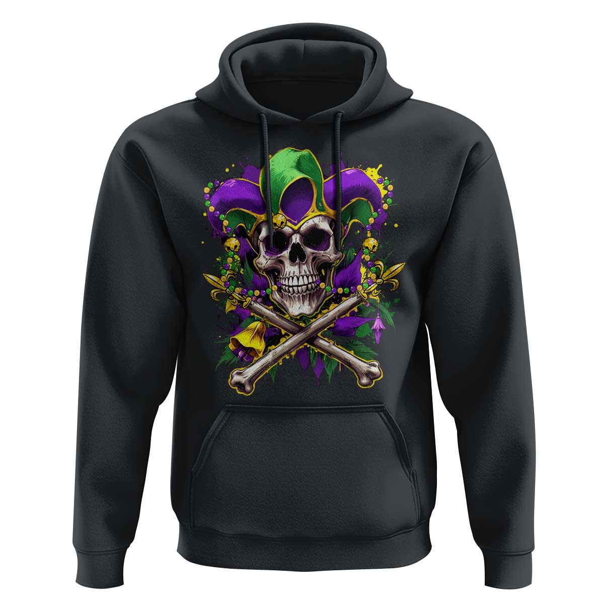 Mardi Gras Jester Skull Hoodie New Orleans Skeleton Beads