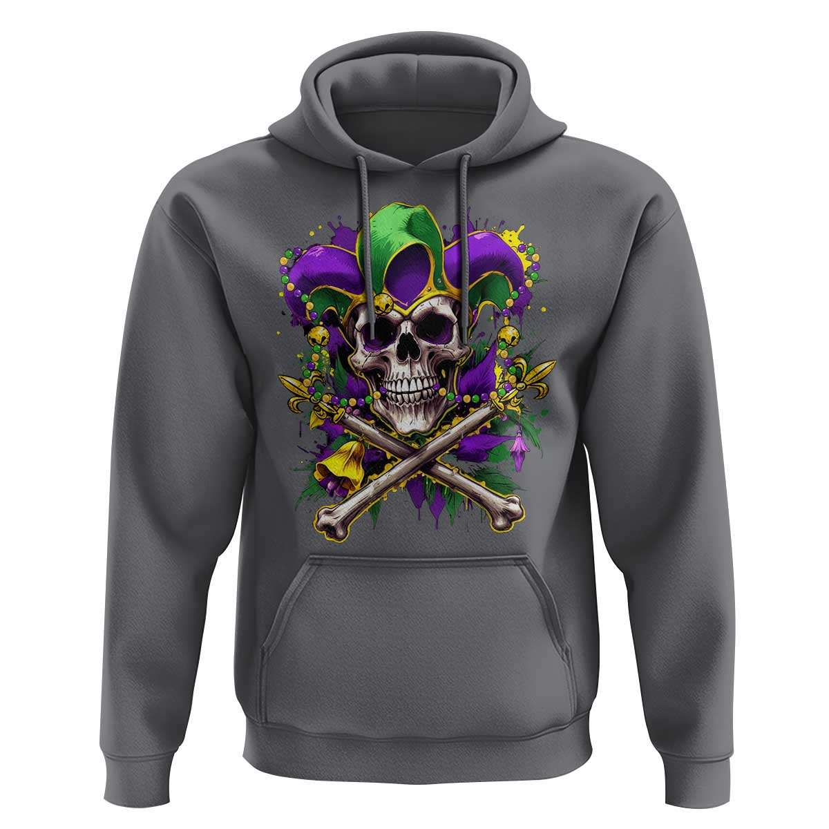 Mardi Gras Jester Skull Hoodie New Orleans Skeleton Beads