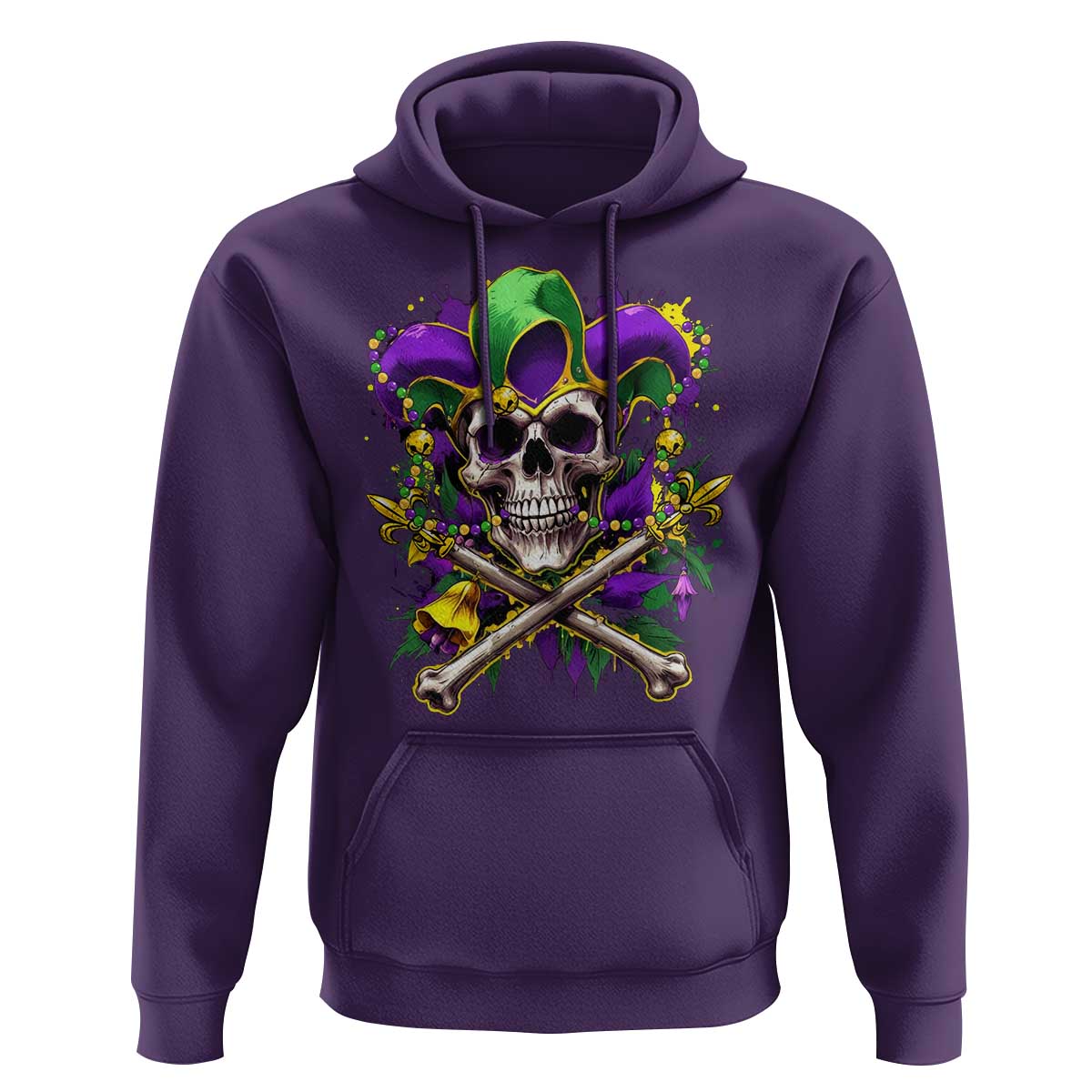 Mardi Gras Jester Skull Hoodie New Orleans Skeleton Beads