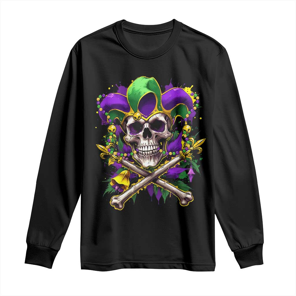Mardi Gras Jester Skull Long Sleeve Shirt New Orleans Skeleton Beads