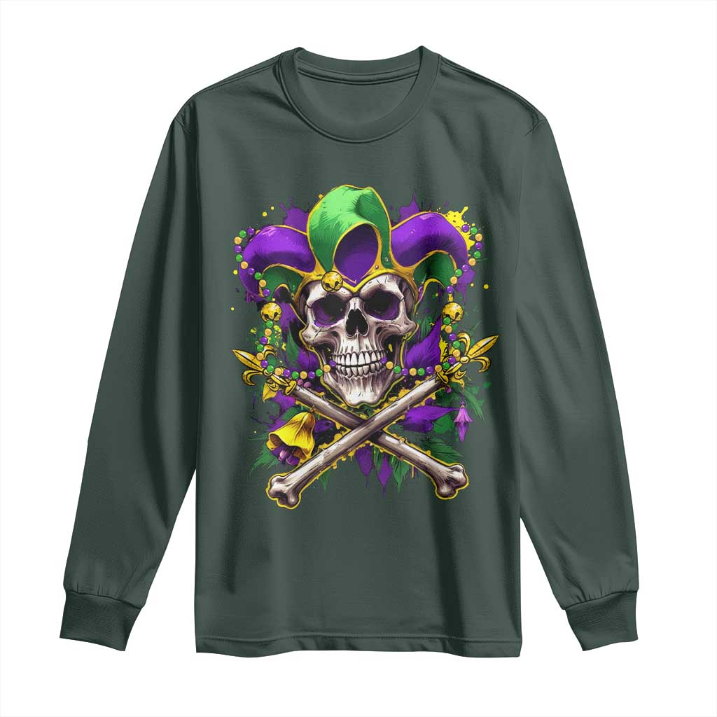 Mardi Gras Jester Skull Long Sleeve Shirt New Orleans Skeleton Beads