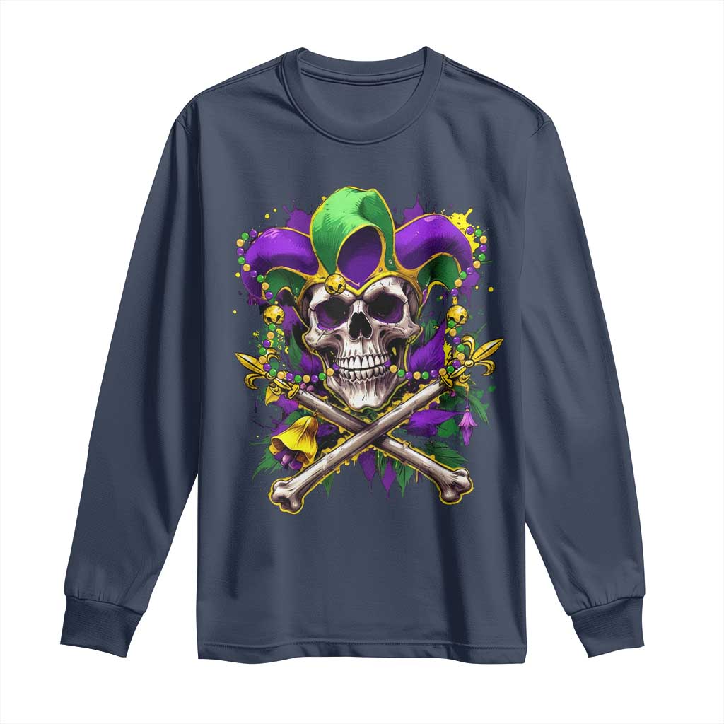 Mardi Gras Jester Skull Long Sleeve Shirt New Orleans Skeleton Beads
