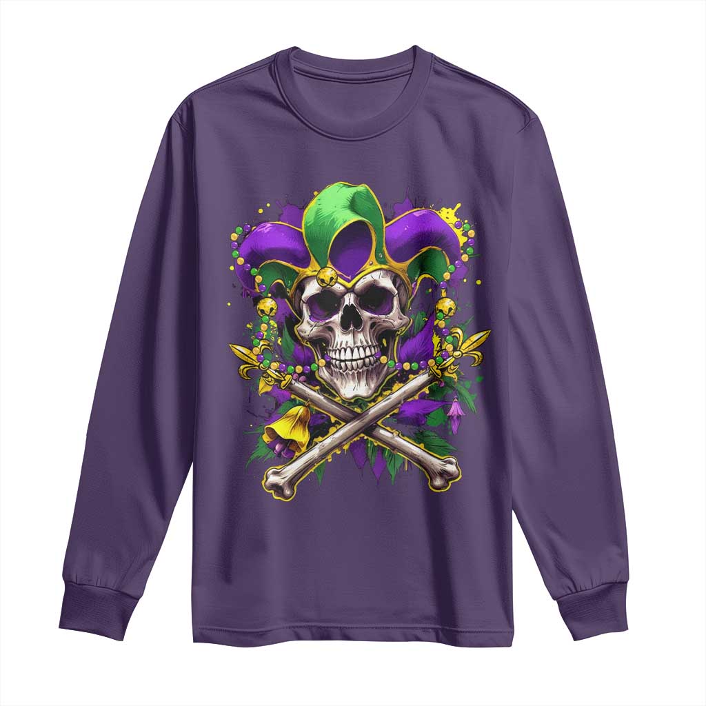 Mardi Gras Jester Skull Long Sleeve Shirt New Orleans Skeleton Beads