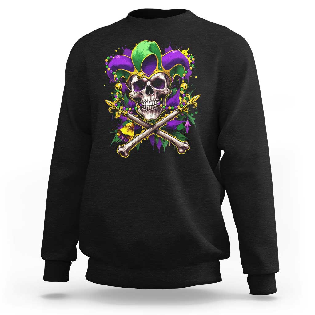 Mardi Gras Jester Skull Sweatshirt New Orleans Skeleton Beads