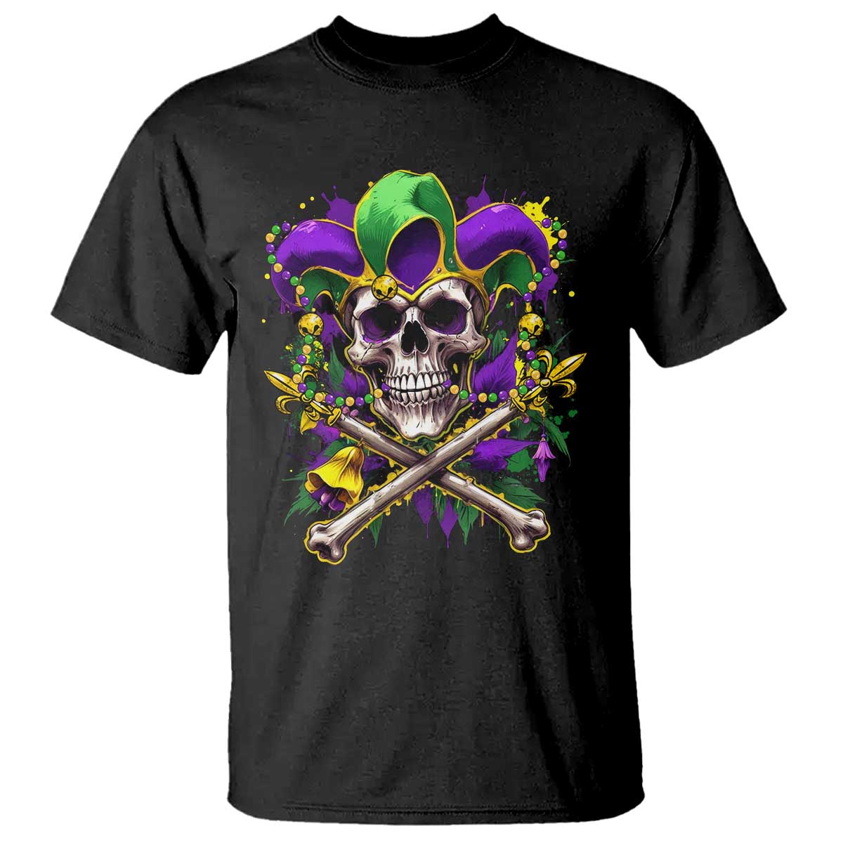 Mardi Gras Jester Skull T Shirt New Orleans Skeleton Beads