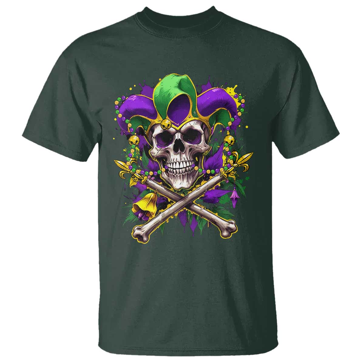 Mardi Gras Jester Skull T Shirt New Orleans Skeleton Beads