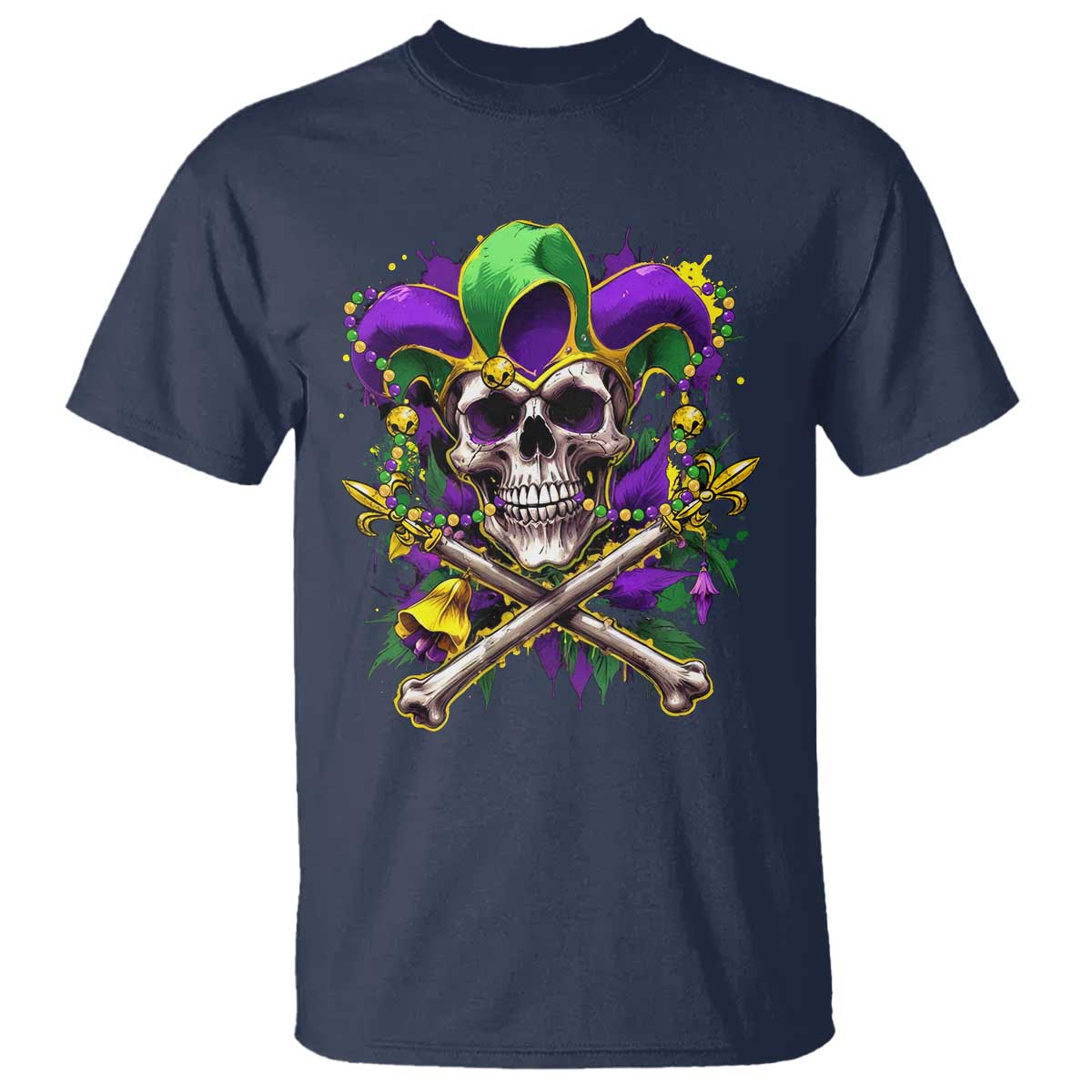 Mardi Gras Jester Skull T Shirt New Orleans Skeleton Beads
