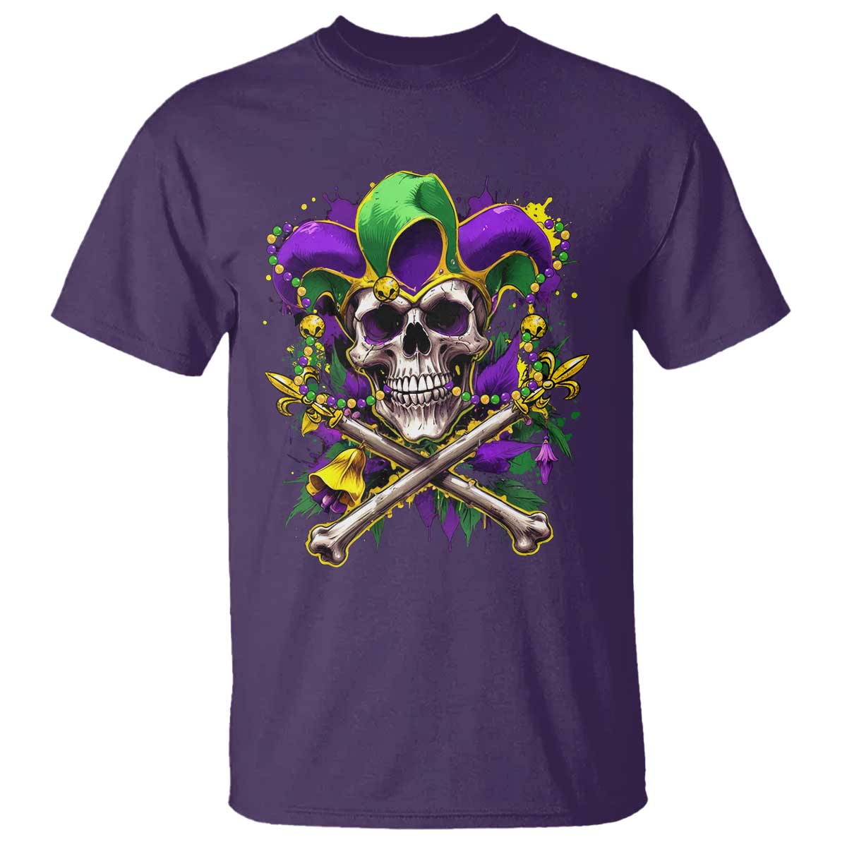Mardi Gras Jester Skull T Shirt New Orleans Skeleton Beads