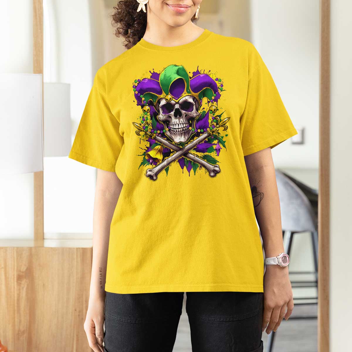Mardi Gras Jester Skull T Shirt For Women New Orleans Skeleton Beads