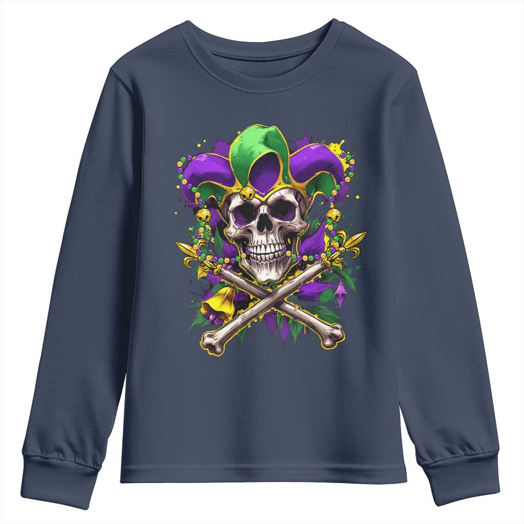 Mardi Gras Jester Skull Youth Sweatshirt New Orleans Skeleton Beads
