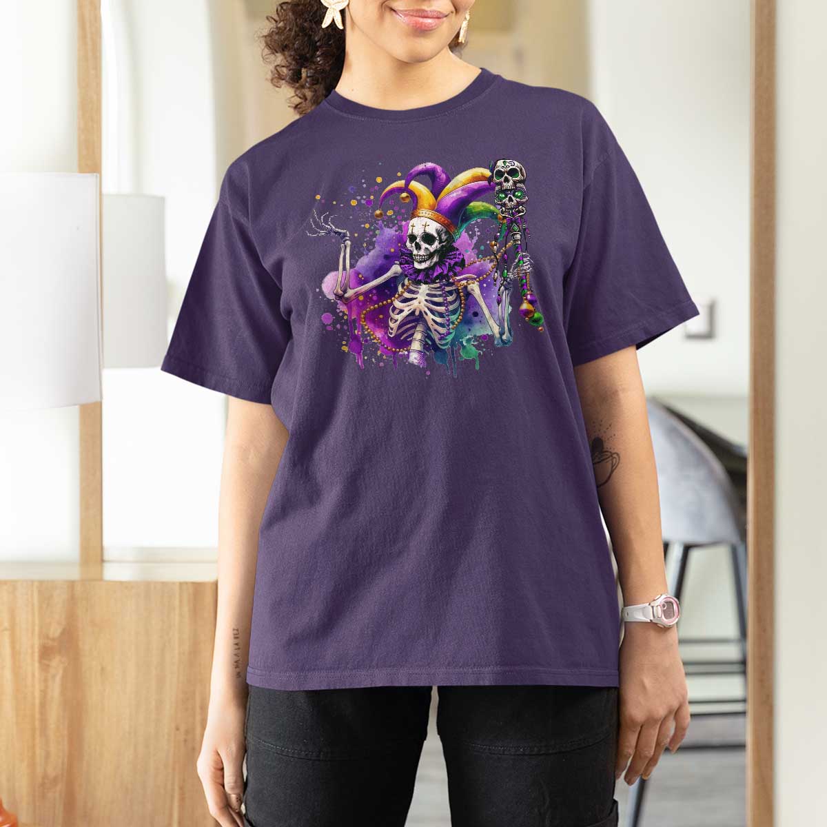 Mardi Gras T Shirt For Women Jester Skeleton Skull Lovers
