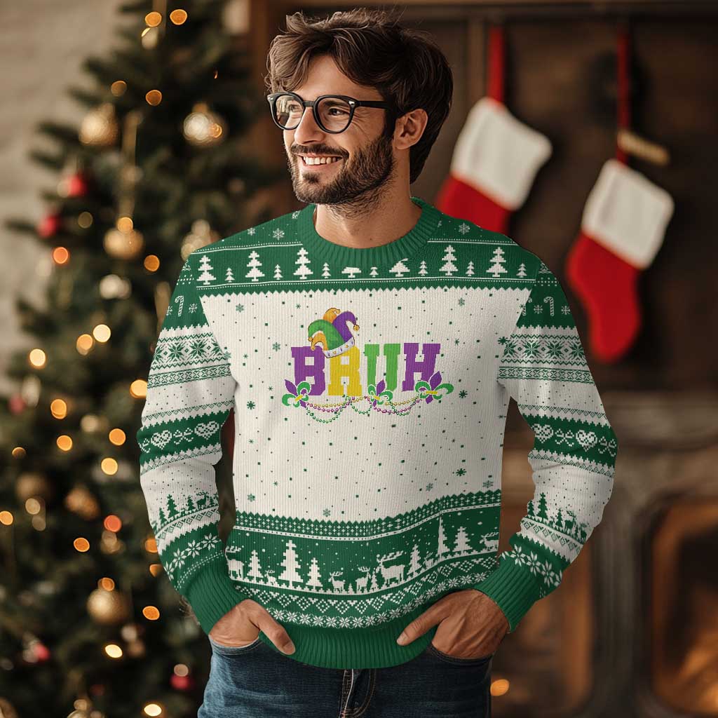 Bruh Mardi Gras Ugly Christmas Sweater Carnival New Orleans Trip Parade Outfit Teens Boys Kids - Wonder Print Shop