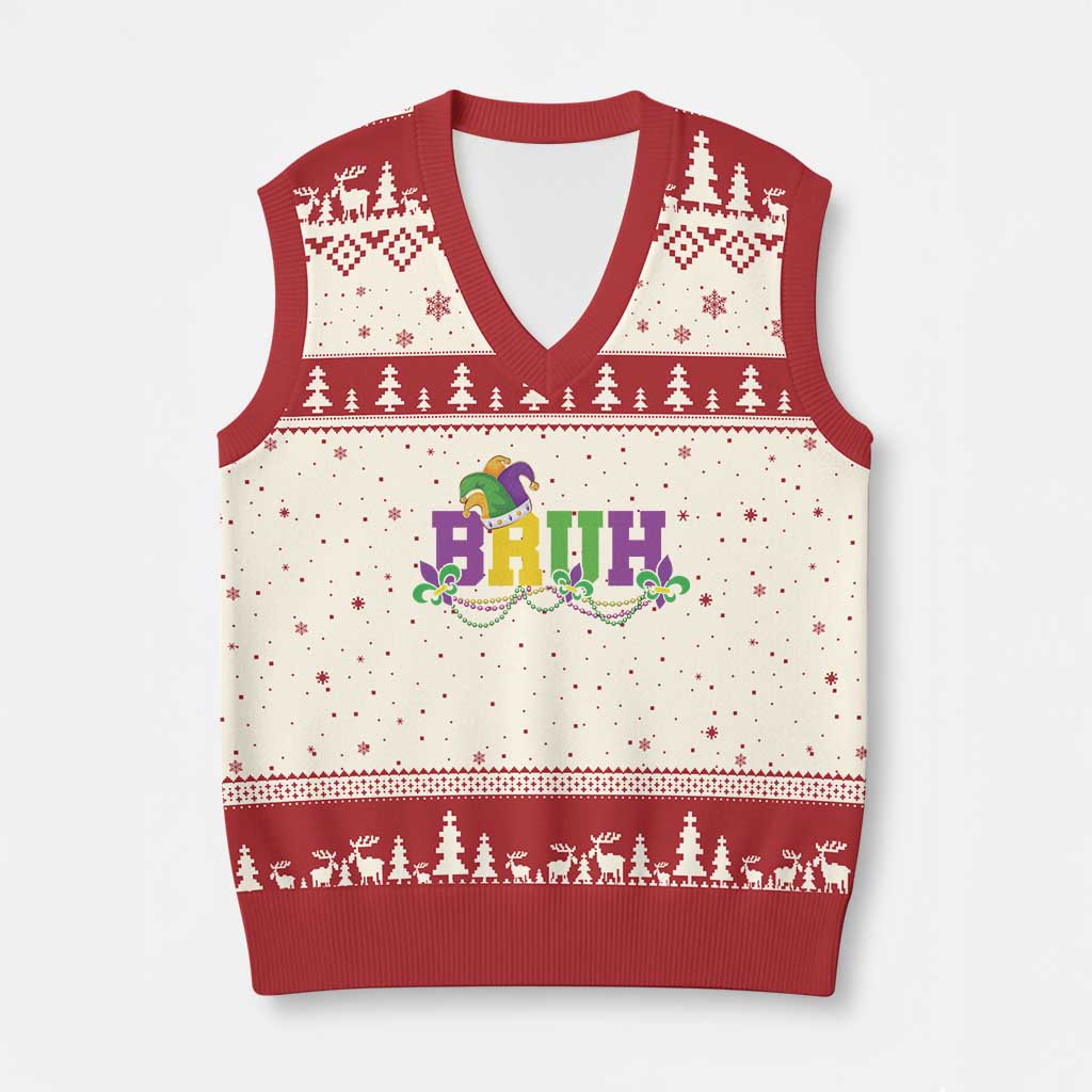 Bruh Mardi Gras V-Neck Knit Sweater Vest Carnival New Orleans Trip Parade Outfit Teens Boys Kids - Wonder Print Shop