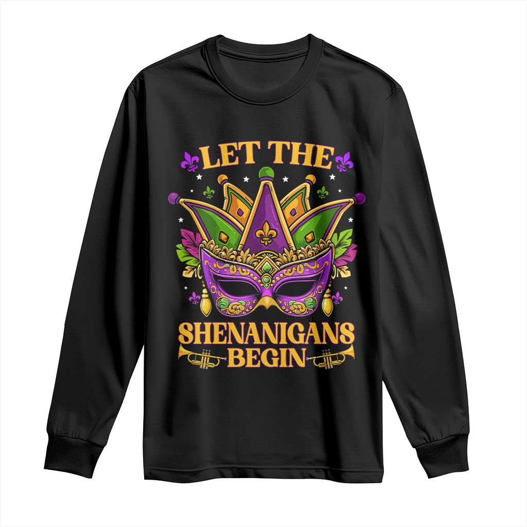 Let The Shenanigans Begin Mardi Gras Long Sleeve Shirt Masquerade Mask Beads