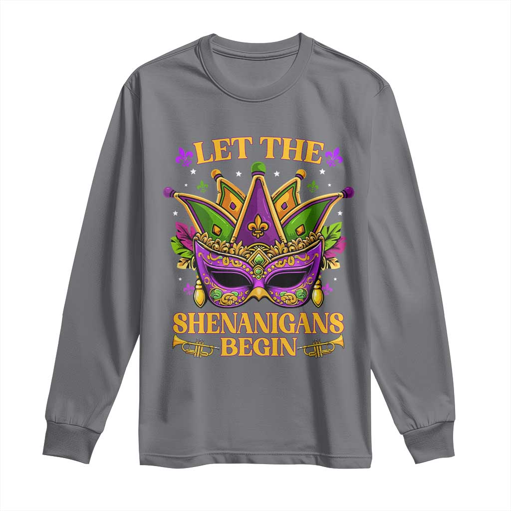 Let The Shenanigans Begin Mardi Gras Long Sleeve Shirt Masquerade Mask Beads