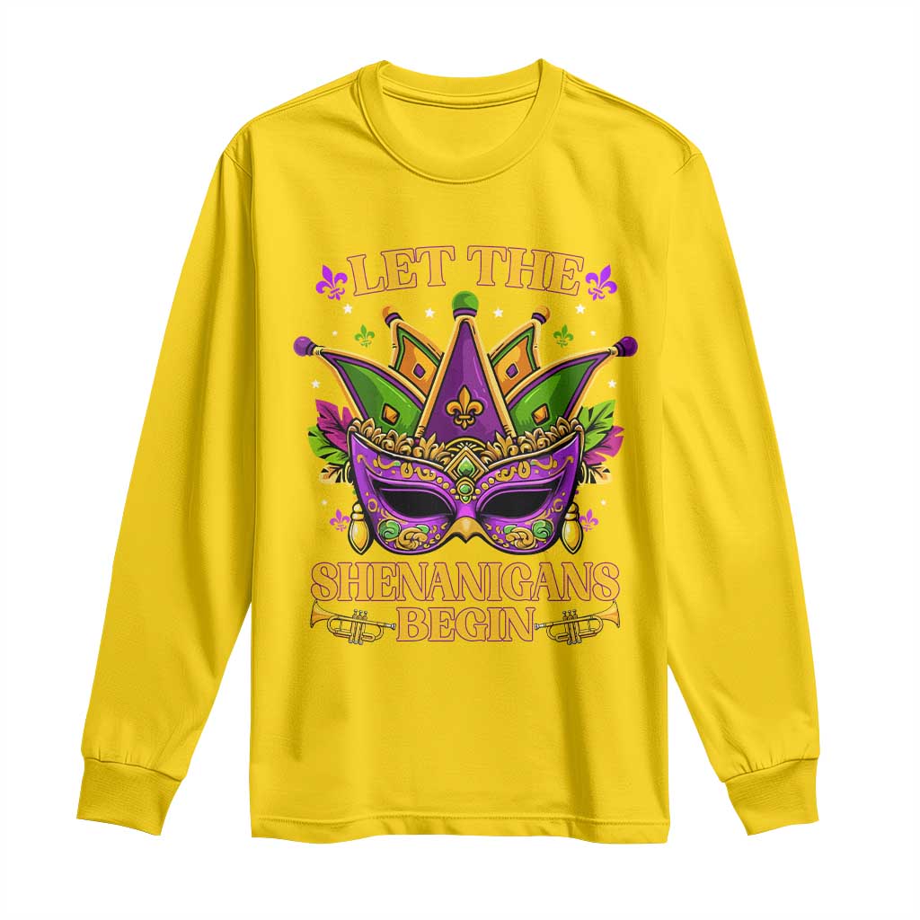 Let The Shenanigans Begin Mardi Gras Long Sleeve Shirt Masquerade Mask Beads