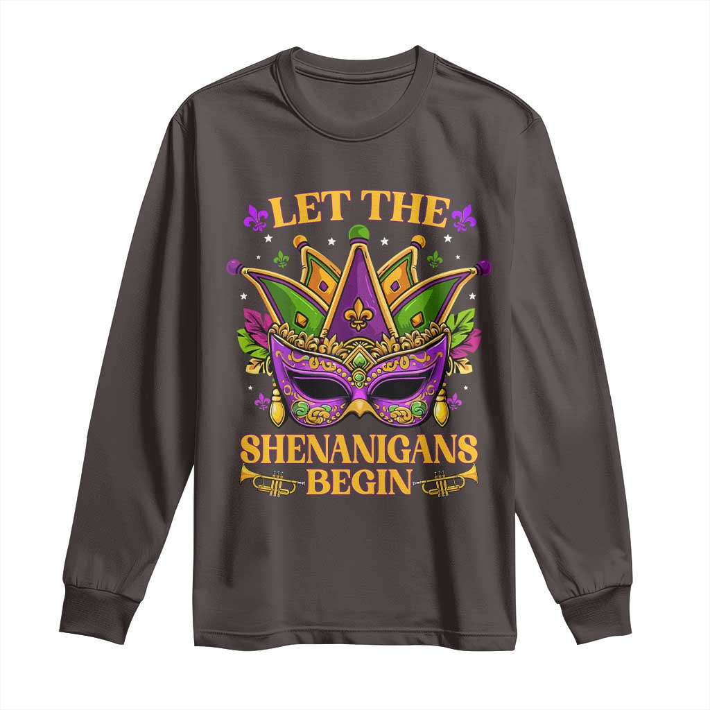 Let The Shenanigans Begin Mardi Gras Long Sleeve Shirt Masquerade Mask Beads