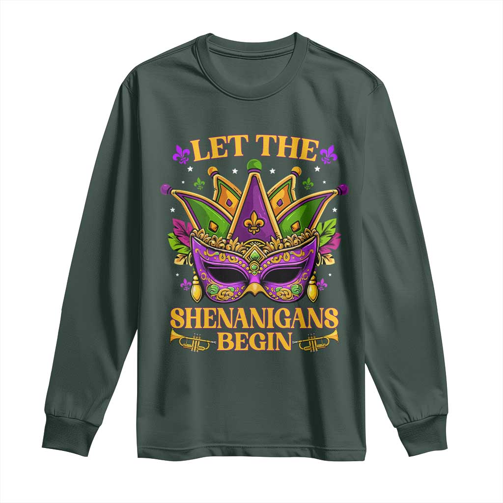 Let The Shenanigans Begin Mardi Gras Long Sleeve Shirt Masquerade Mask Beads
