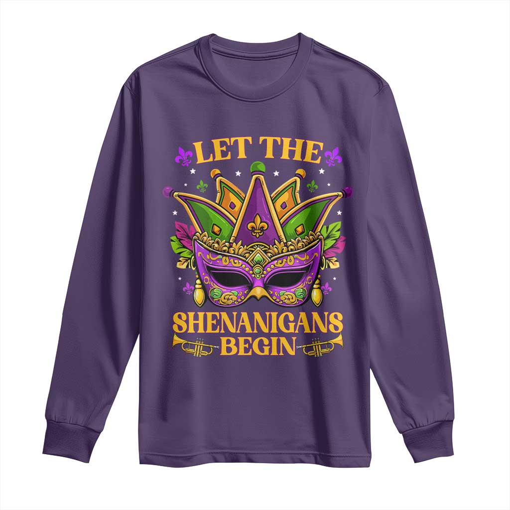 Let The Shenanigans Begin Mardi Gras Long Sleeve Shirt Masquerade Mask Beads