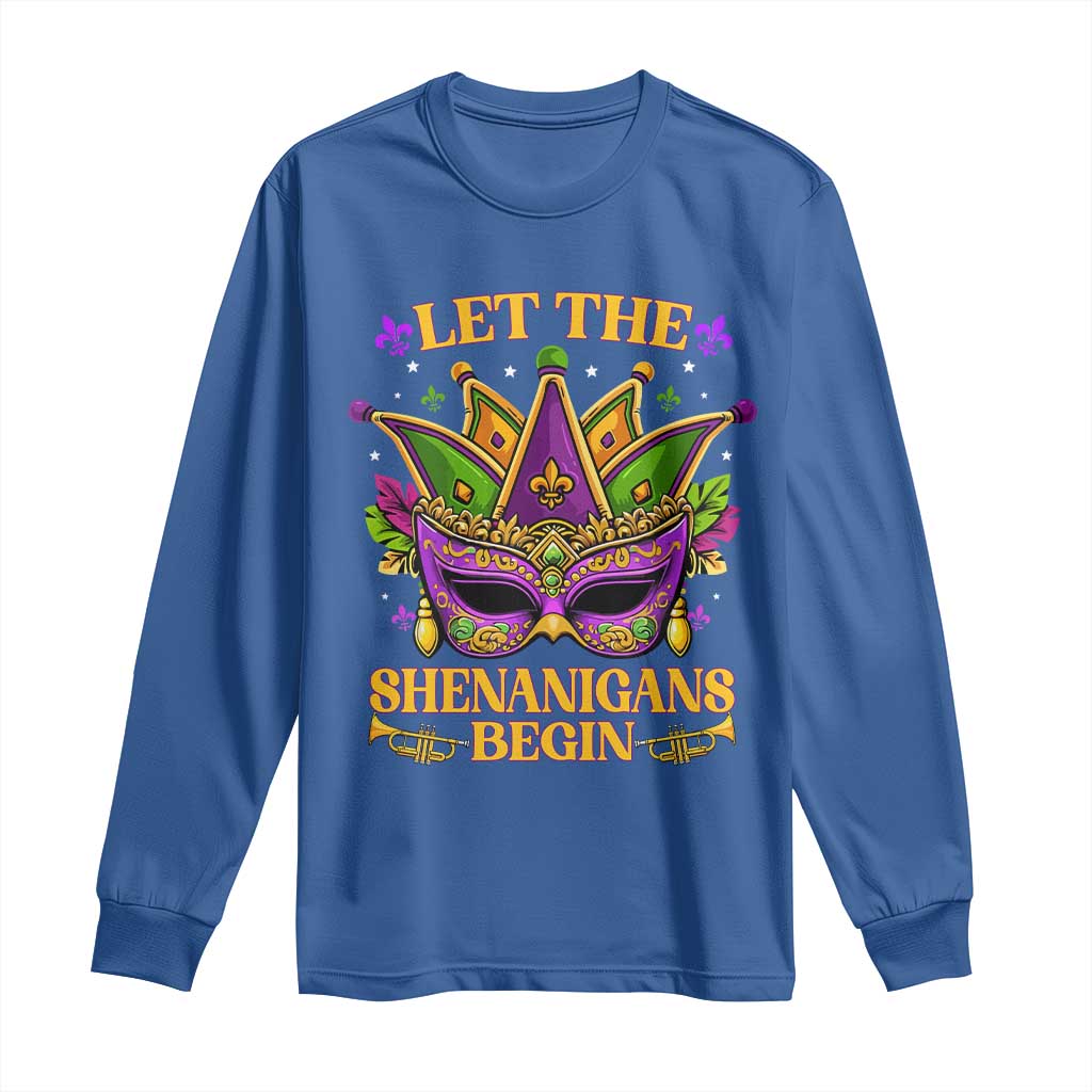 Let The Shenanigans Begin Mardi Gras Long Sleeve Shirt Masquerade Mask Beads