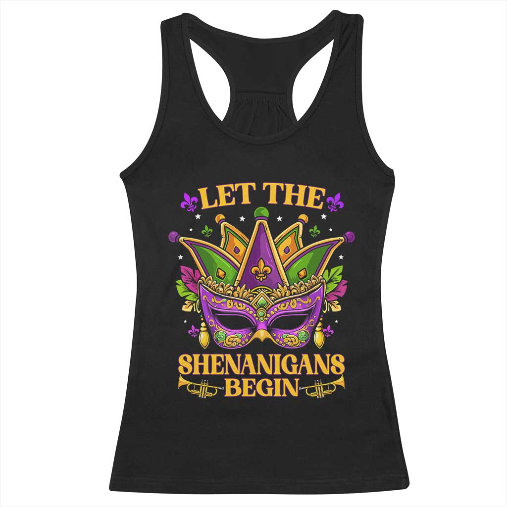 Let The Shenanigans Begin Mardi Gras Racerback Tank Top Masquerade Mask Beads