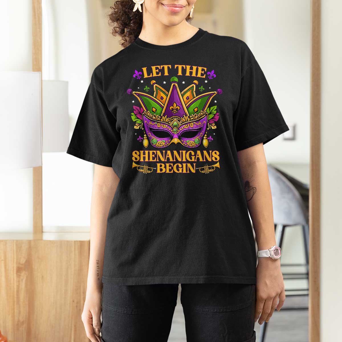 Let The Shenanigans Begin Mardi Gras T Shirt For Women Masquerade Mask Beads