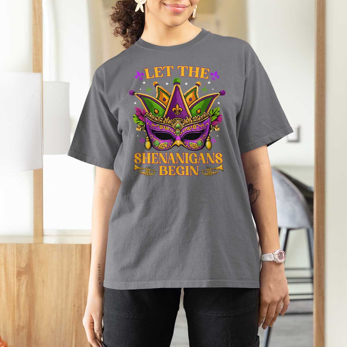 Let The Shenanigans Begin Mardi Gras T Shirt For Women Masquerade Mask Beads