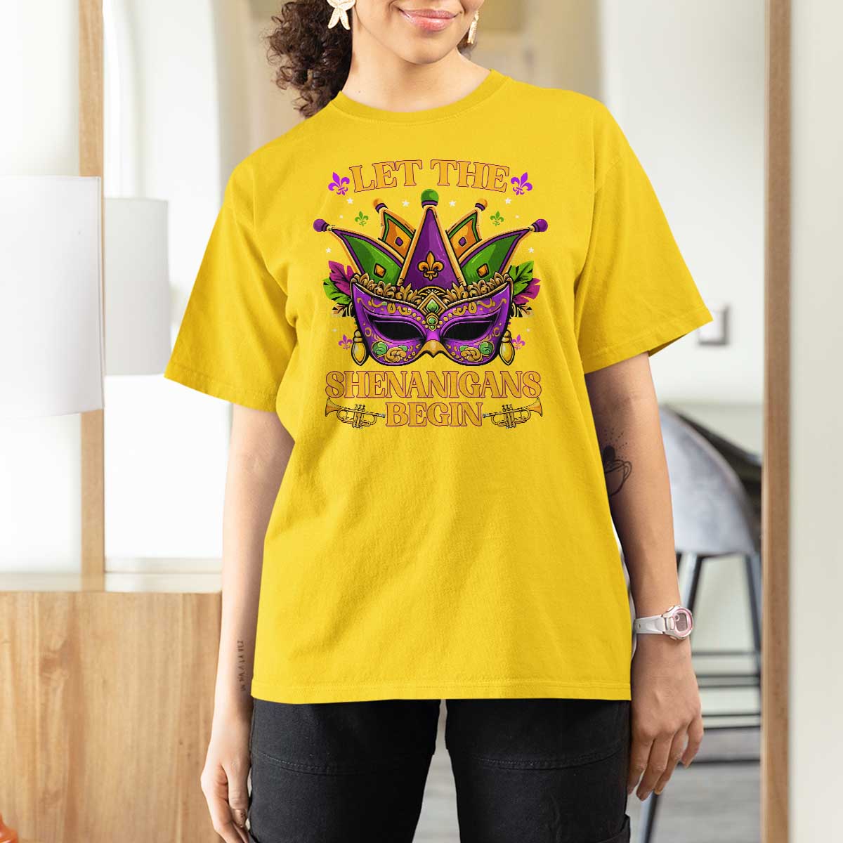 Let The Shenanigans Begin Mardi Gras T Shirt For Women Masquerade Mask Beads