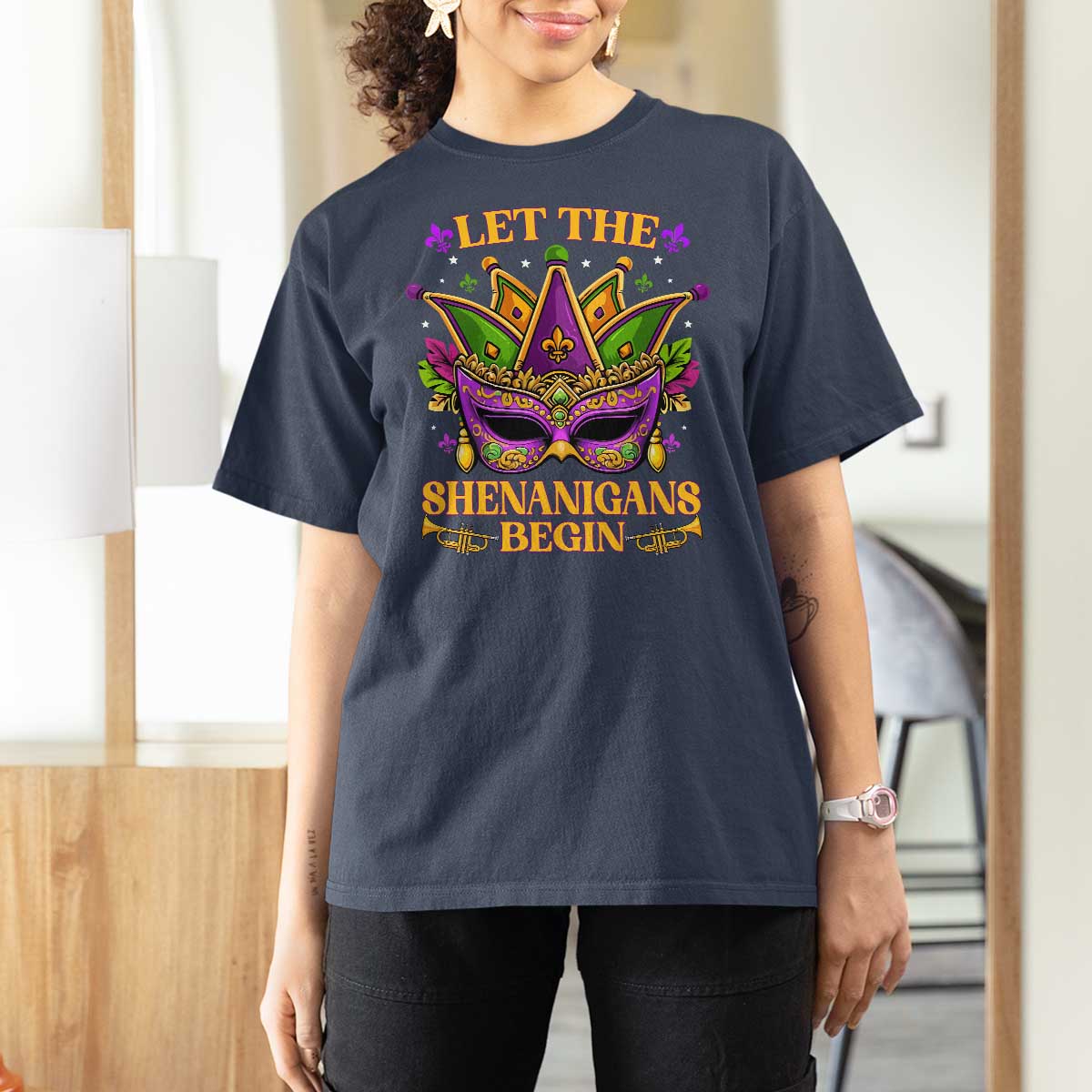 Let The Shenanigans Begin Mardi Gras T Shirt For Women Masquerade Mask Beads
