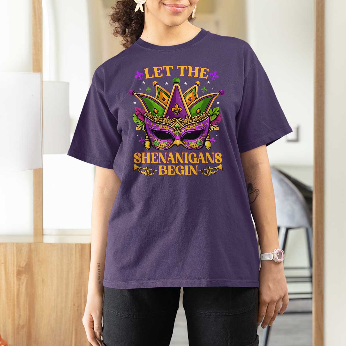Let The Shenanigans Begin Mardi Gras T Shirt For Women Masquerade Mask Beads