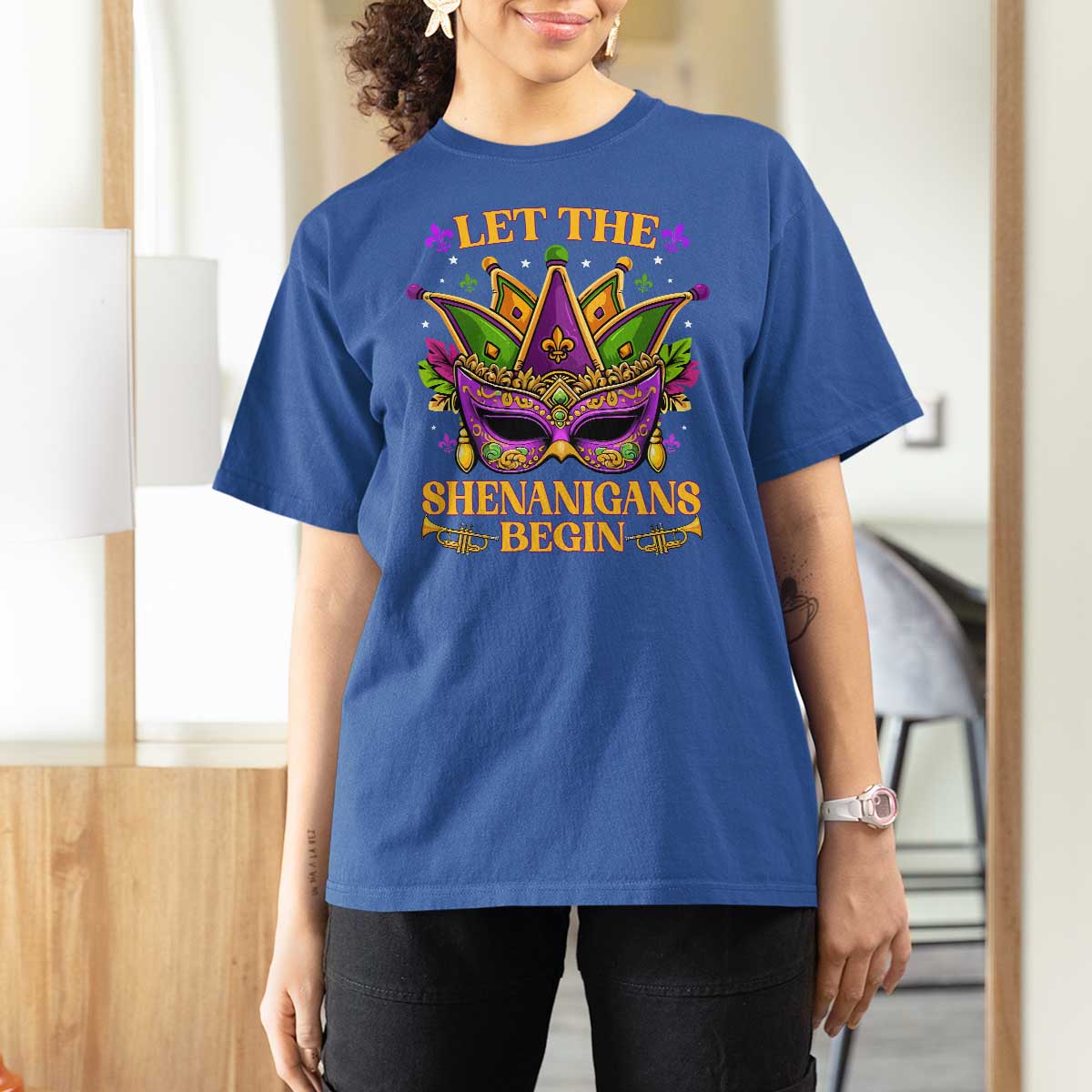 Let The Shenanigans Begin Mardi Gras T Shirt For Women Masquerade Mask Beads