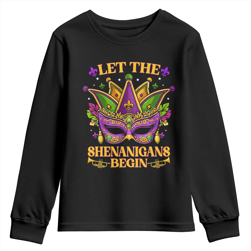 Let The Shenanigans Begin Mardi Gras Youth Sweatshirt Masquerade Mask Beads