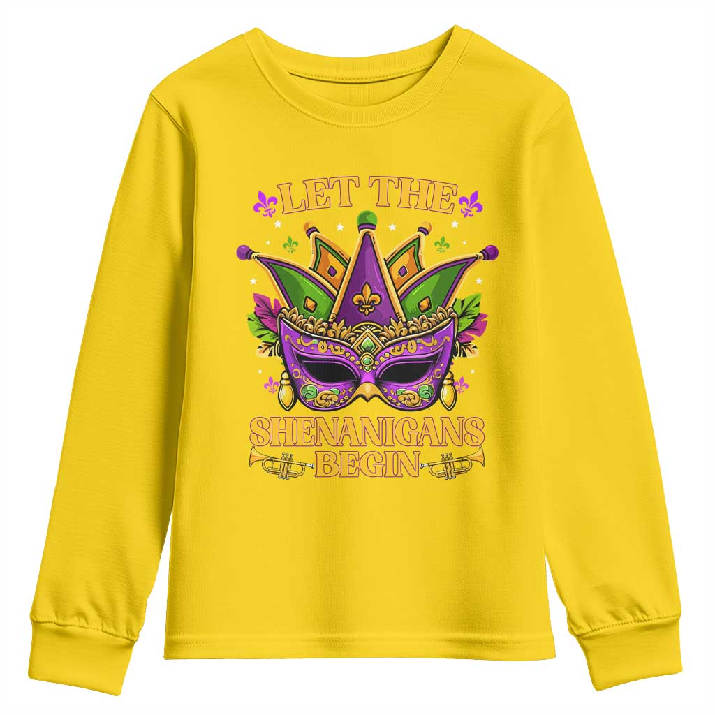 Let The Shenanigans Begin Mardi Gras Youth Sweatshirt Masquerade Mask Beads