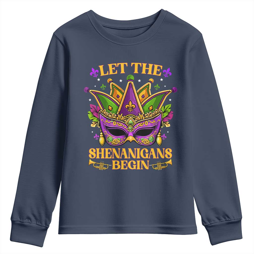 Let The Shenanigans Begin Mardi Gras Youth Sweatshirt Masquerade Mask Beads