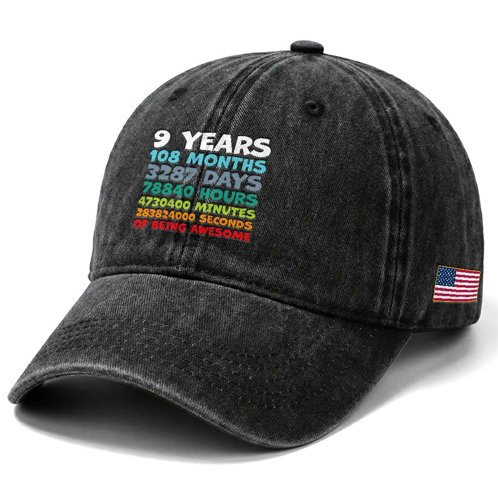 9 Year Old Bday Washed Cotton Baseball Cap Son Boy 9yr 9th Birthday Gifts